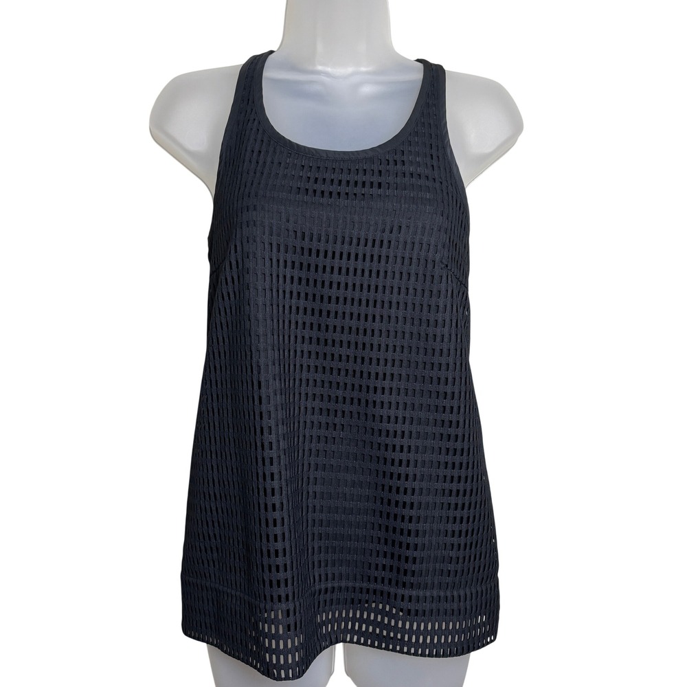 DKNY Black Grid Mesh Sheer Knit Racerback Scoop Neck Sleeveless Tank Top Women S